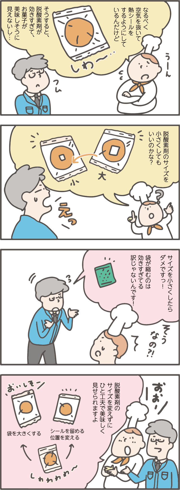 なるべく空気を抜いて熱シールをするようにしているんだけど、そうすると脱酸素剤が効きすぎてお菓子が美味しそうに見えないし、脱酸素剤のサイズを小さくしてもいいのかな？
サイズを小さくしたらダメです！袋が縮むのは効きすぎてるわけじゃないんです。
袋を少し大きくする、シールを留める位置を変えるなど、脱酸素剤のサイズを変えずにひと工夫で美味しく見せられますよ。