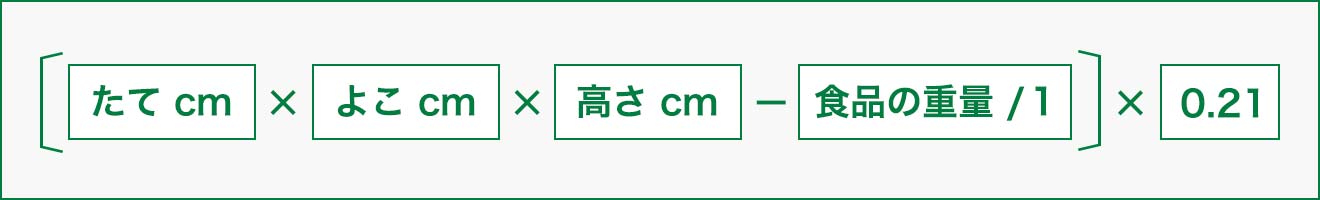 縦×横×高さー食品の重量)×0.21の式でサイズを選定します。