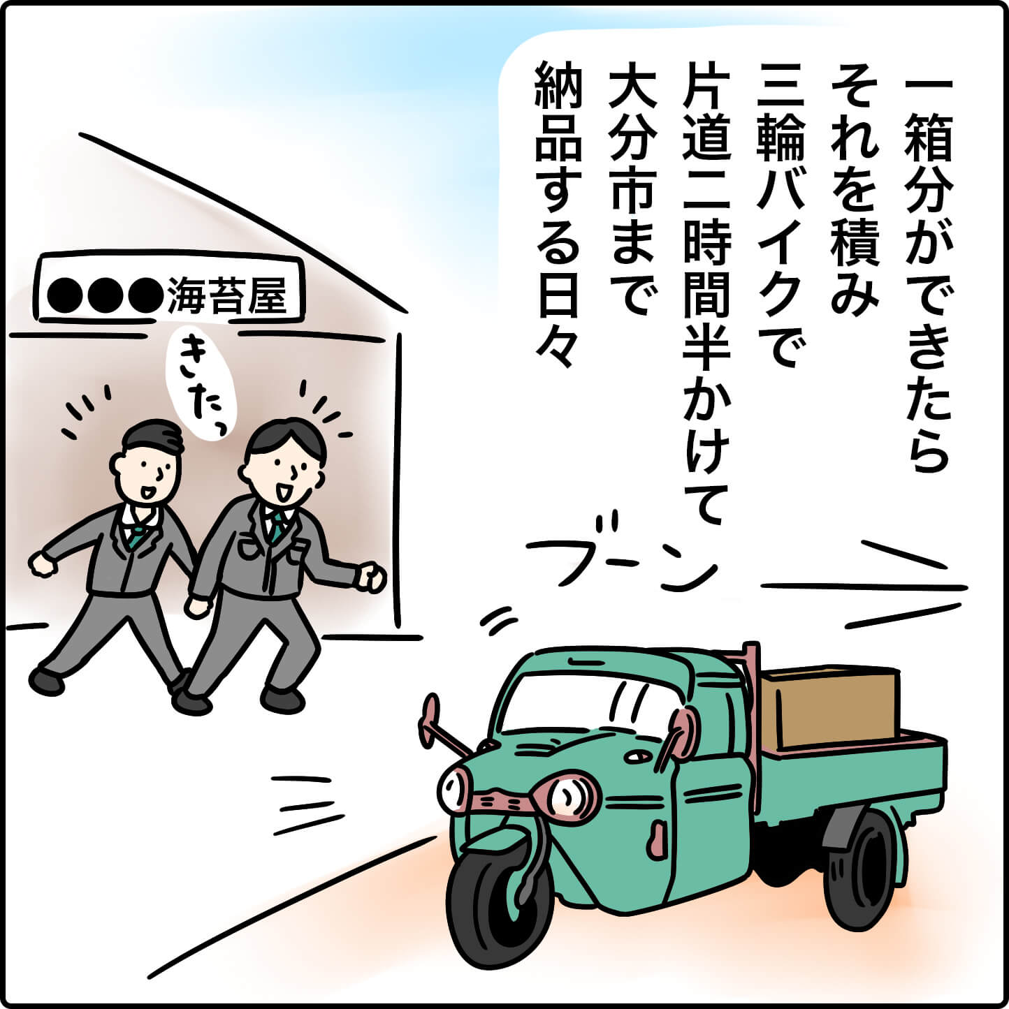 一箱分ができたらそれを積み、三輪バイクで片道二時間半かけて大分市まで納品する日々。